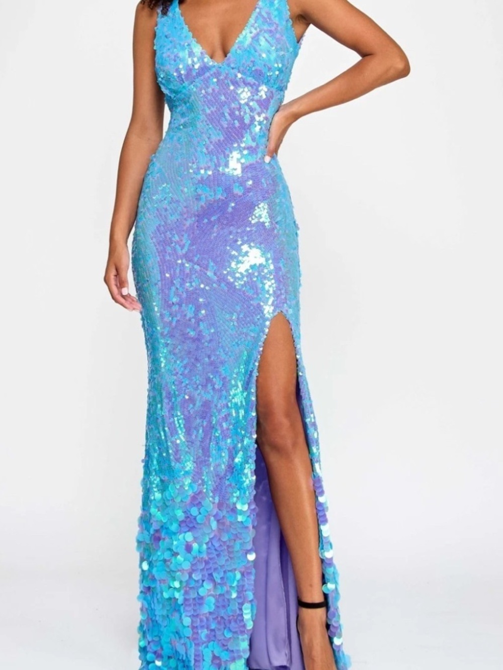City Studios Juniors' Sequined
Side-Slit Evening Gown - Lavender/ Aqua -5/6